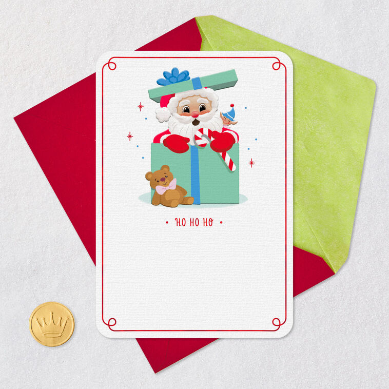 Santa Claus in Gift Box Christmas Card for Kids Card Front with Envelope and Gold Seal image number 5