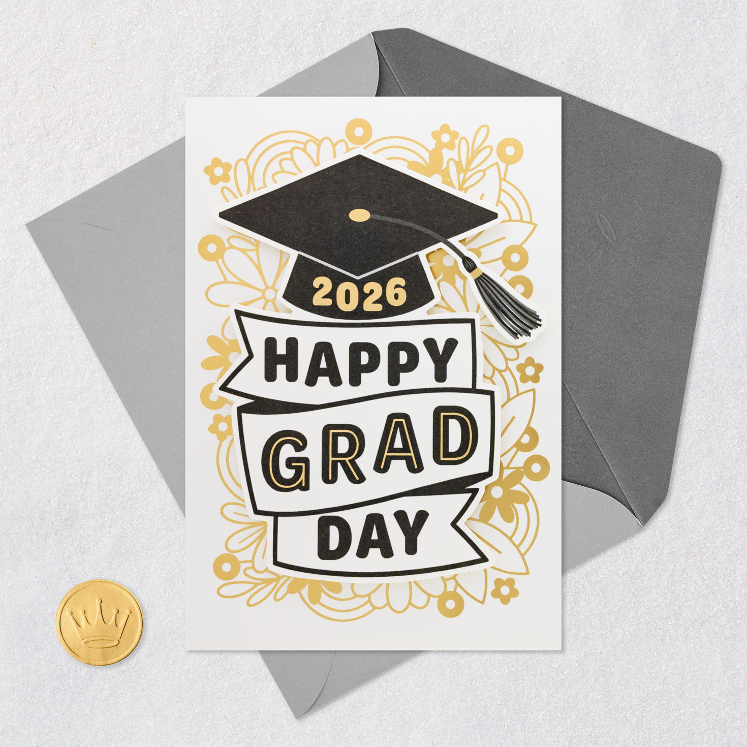 Grad Cap and Flower Doodles 2026 Graduation Card Card Front with Envelope and Gold Seal image number 6