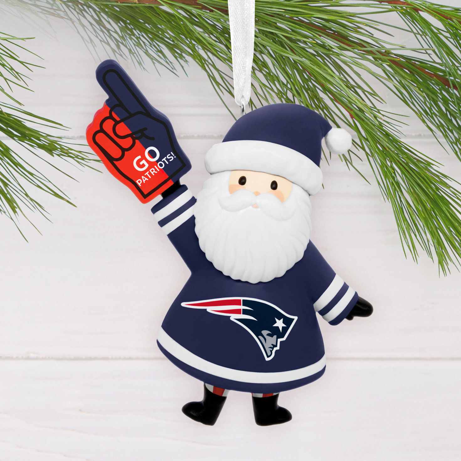 New England Patriots Santa Fan Christmas Ornament hanging on tree image number 2