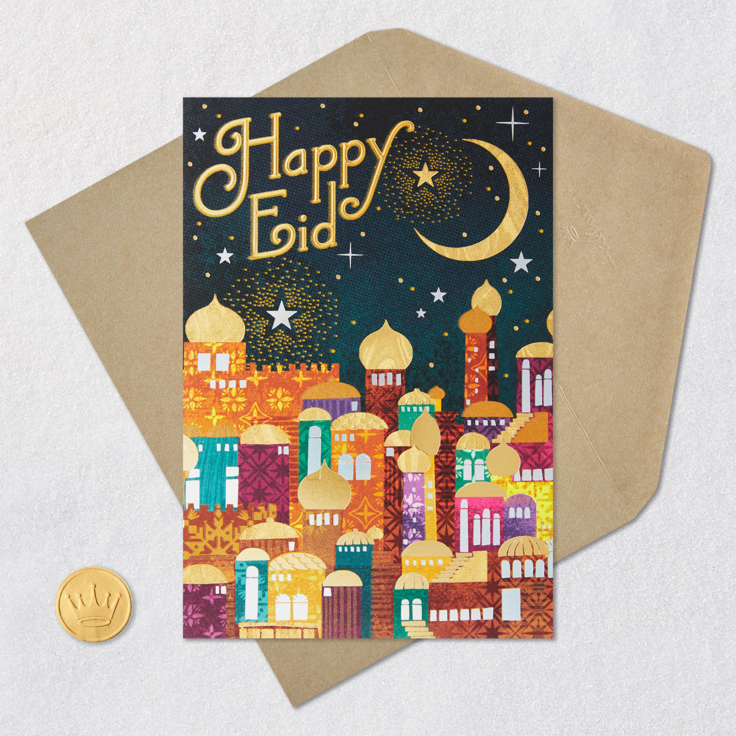 Eid Card with Golden Crescent and Mosque Skyline Card Front with Envelope and Gold Seal image number 5