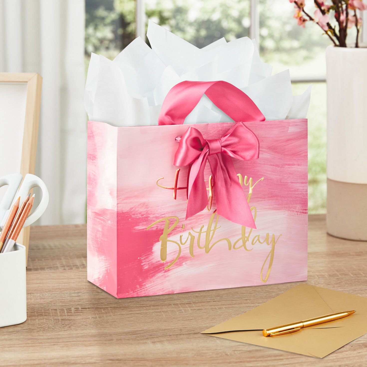 Printed Paper Gift Present Bag FOR ALL WOMEN Pink Flower Birthday Medium Large 