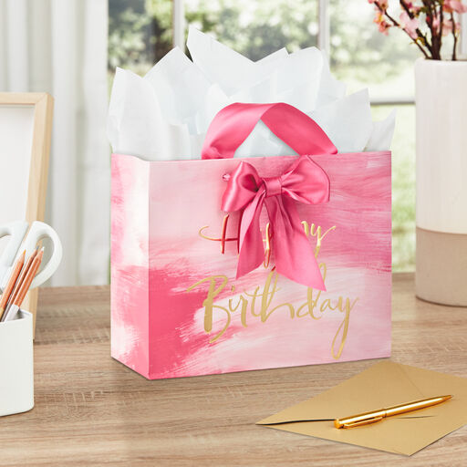 Pink Watercolor Happy Birthday Medium Gift Bag, 7.75", 