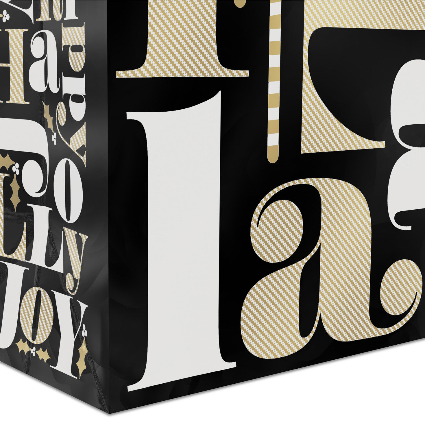 Black and Gold Fa La La Medium Holiday Gift Bag Base/Side Detail image number 5