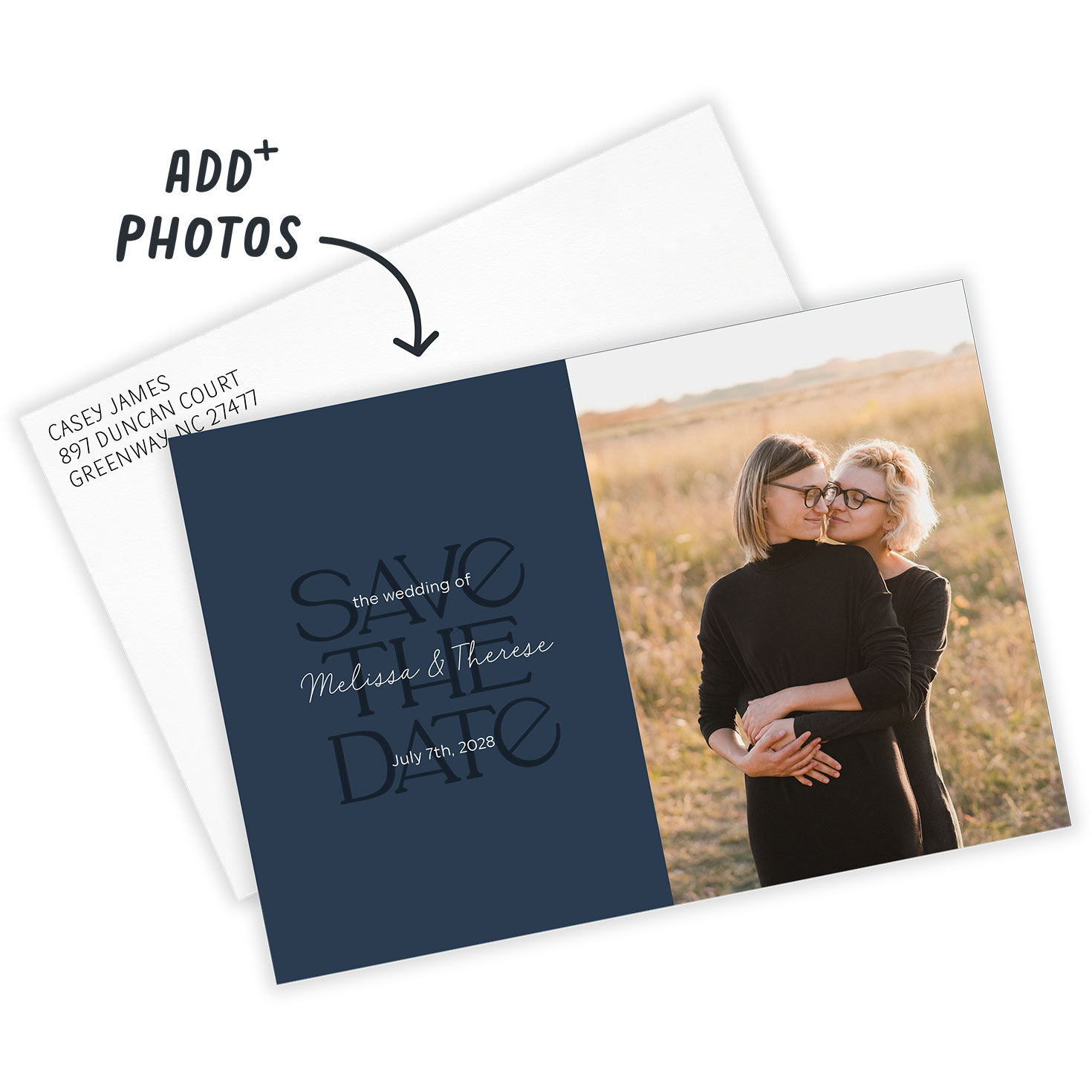 Text Stack on Blue Personalized Save the Date Card Card Front indicating personalization image number 2