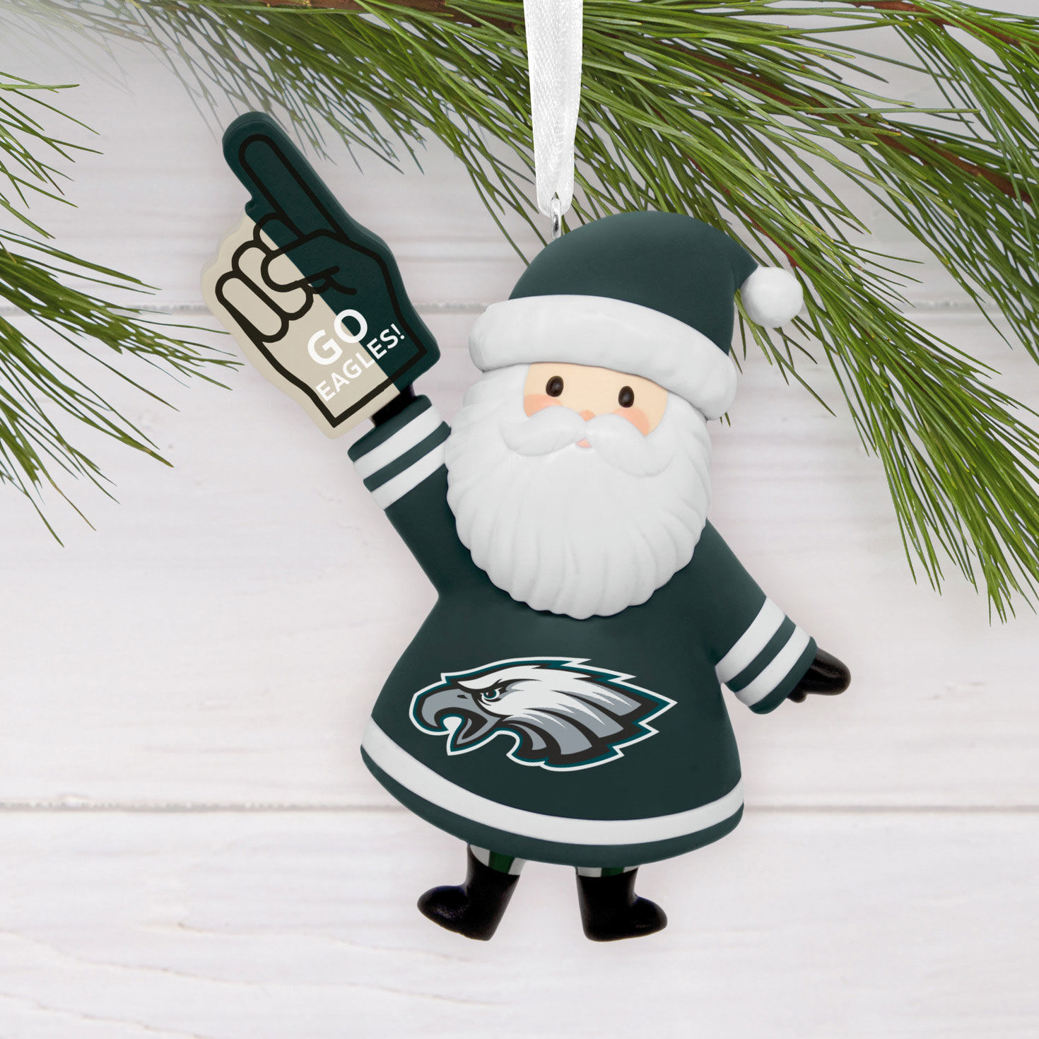 Philadelphia Eagles Santa Fan Christmas Ornament hanging on tree image number 2