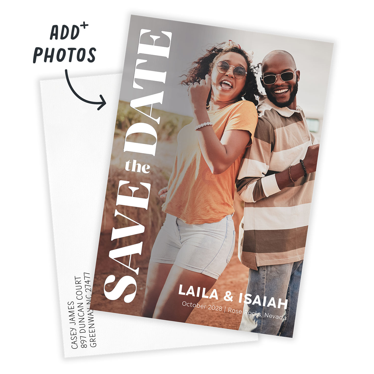 White on Photo Personalized Save the Date Card Card Front indicating personalization image number 2