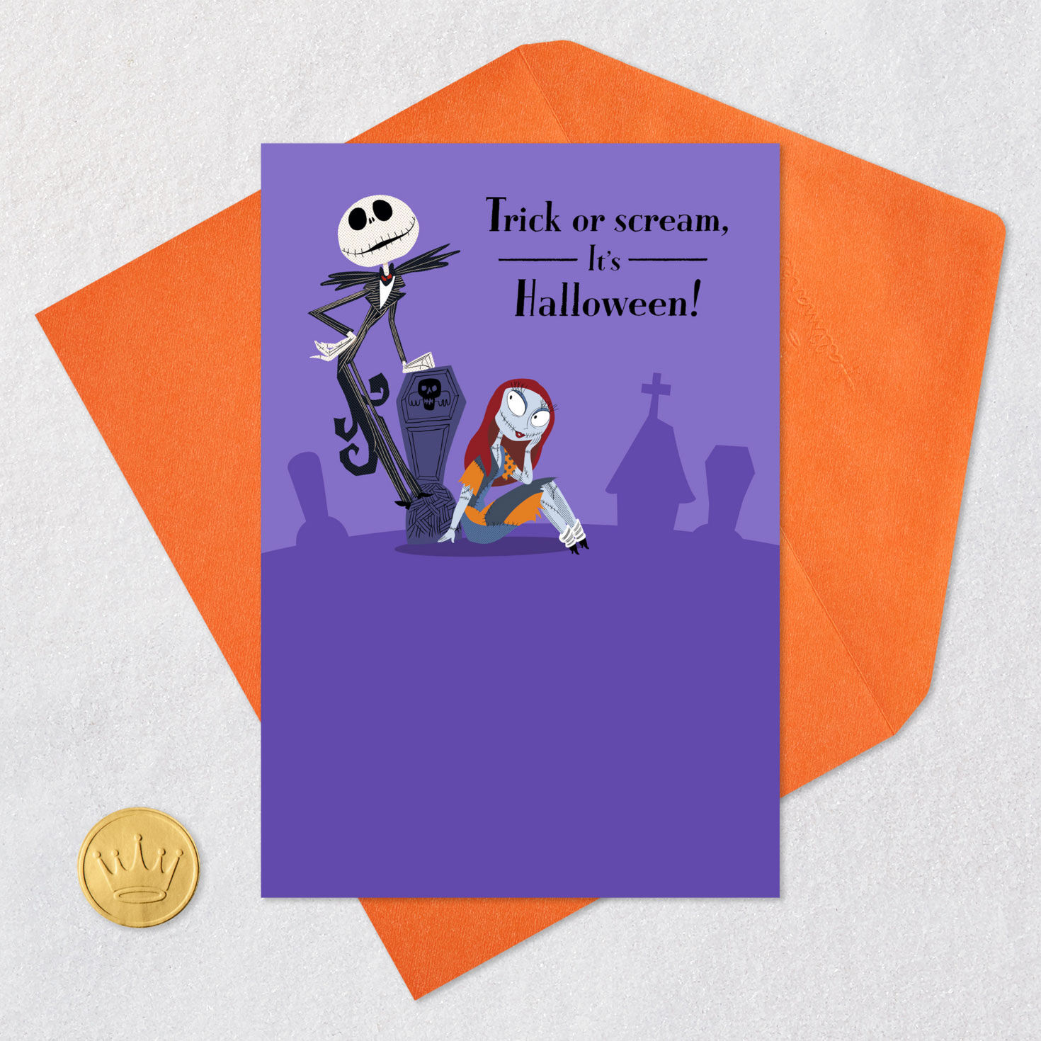 Disney Tim Burton's The Nightmare Before Christmas Jack Skellington and Sally Happy Haunting Halloween Card Card Front with Envelope and Gold Seal image number 5