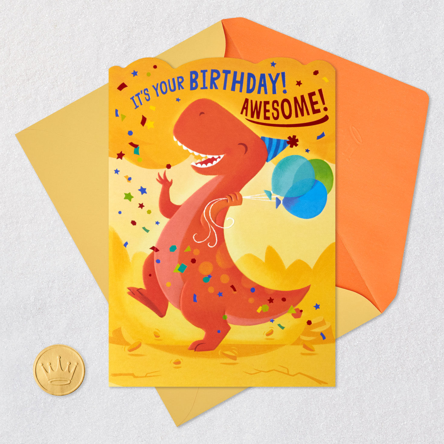 Dinosaur Party Kids Birthday Card Card Front with Envelope and Gold Seal image number 6