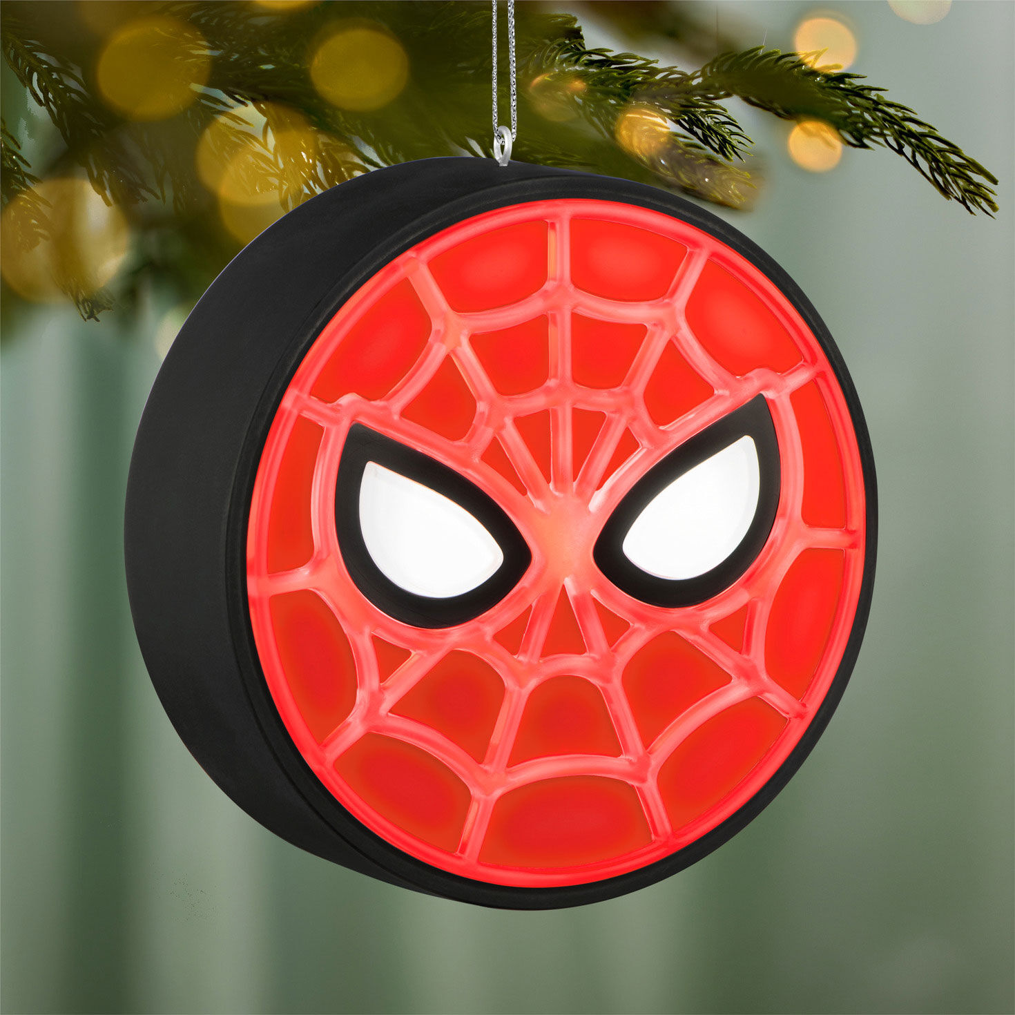 Round Spider-Man Face Keepsake Ornament hanging on tree image number 2