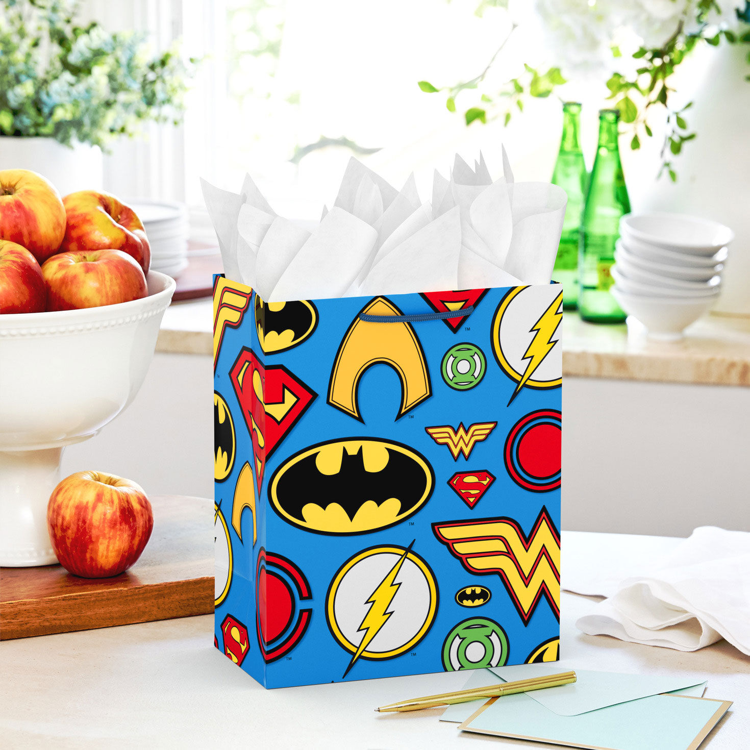 DC Comics Super Hero Logos on Blue Medium Gift Bag In use image number 2