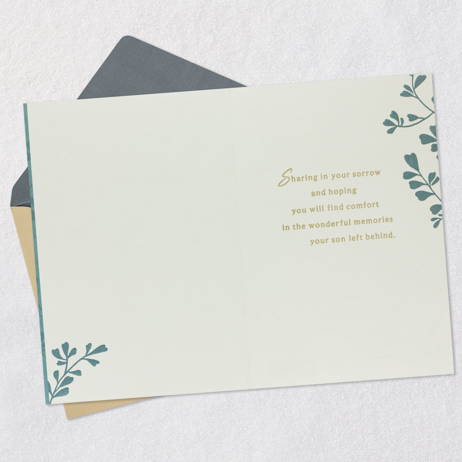 White Leaves on Green Son Sympathy Card Open card with envelope image number 3