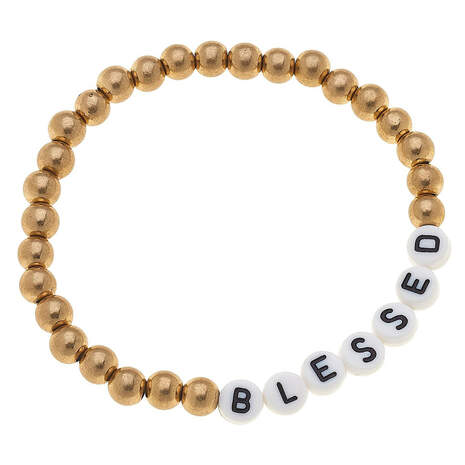 Inspirational Gold Beaded Stretch Bracelet, Blessed, , large