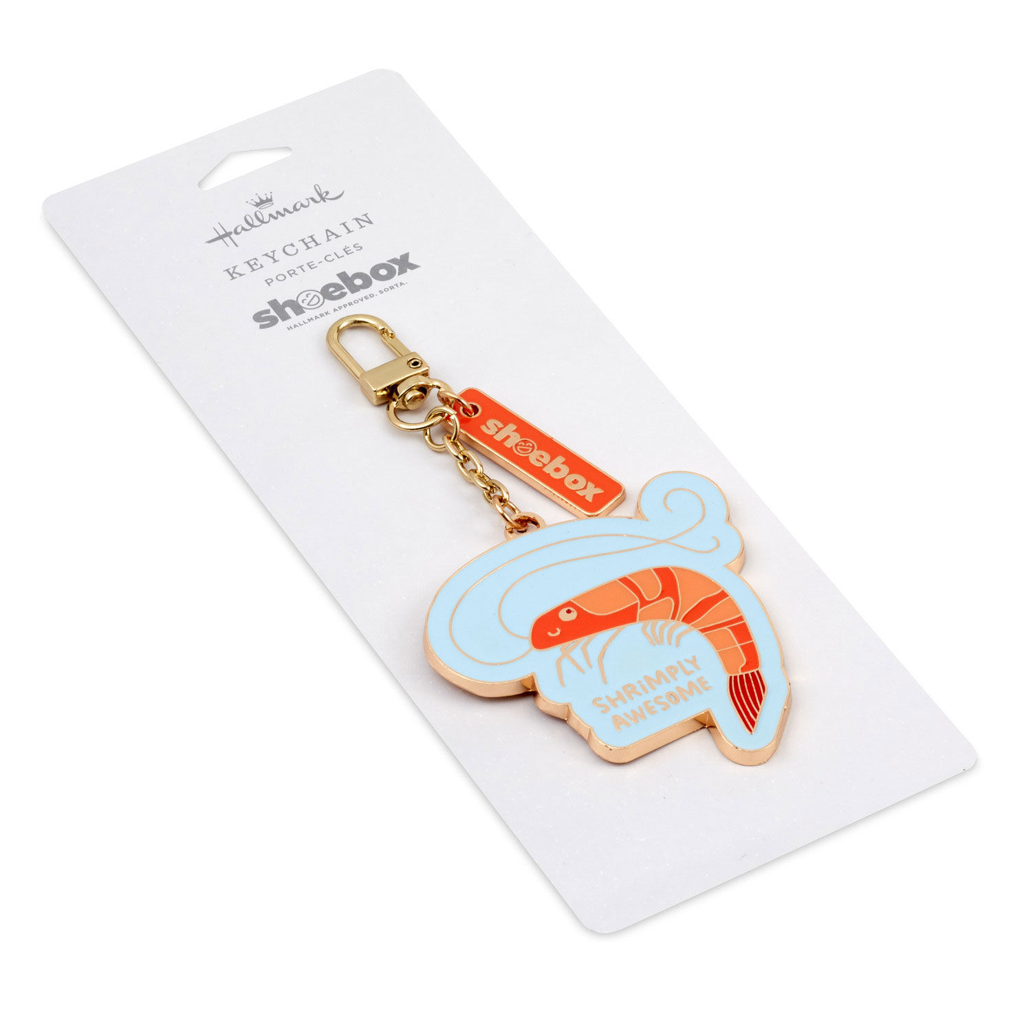 Enameled Metal Shrimp Keychain With Pun  image number 4