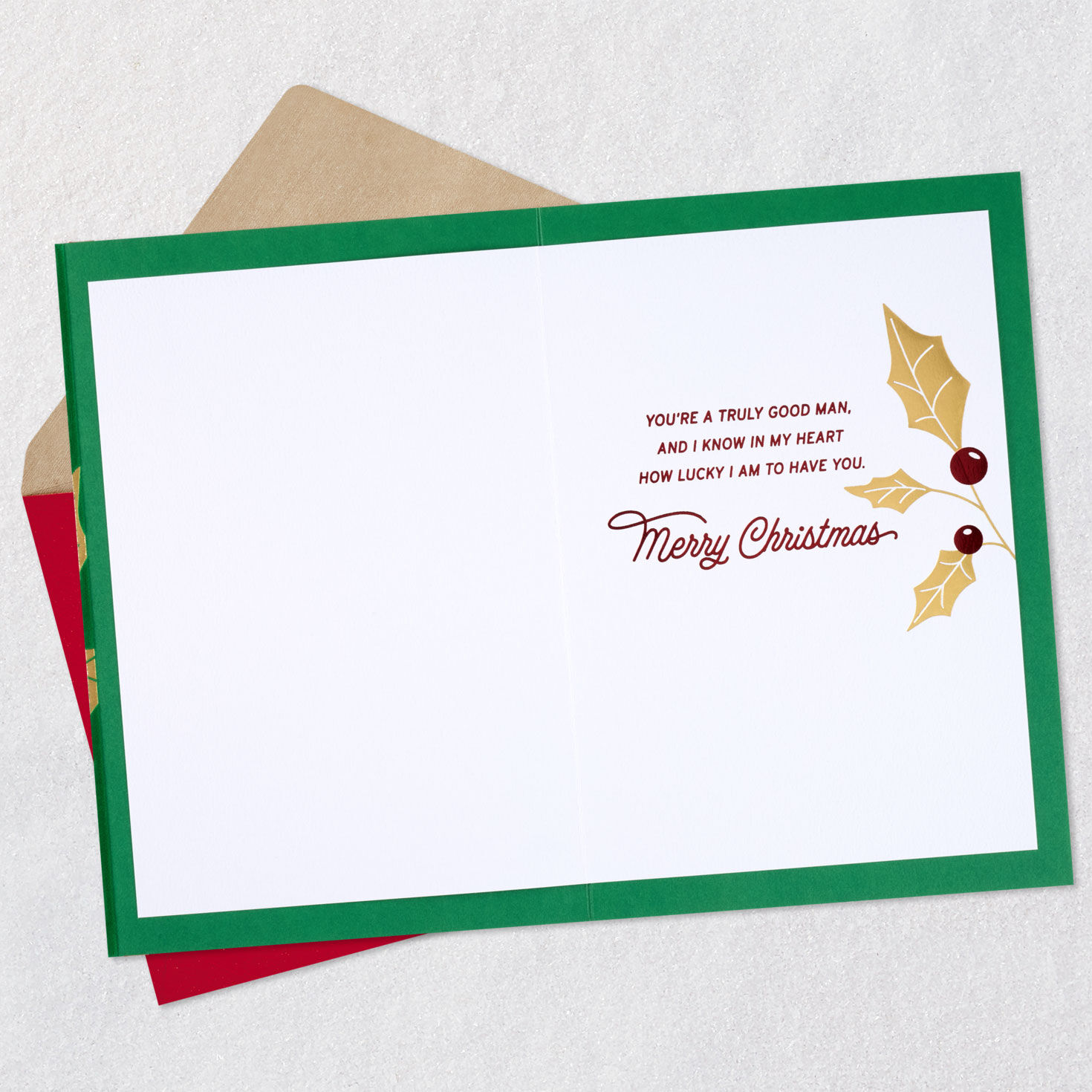 Holly Berries Romantic Christmas Card for Him Open card with envelope image number 3