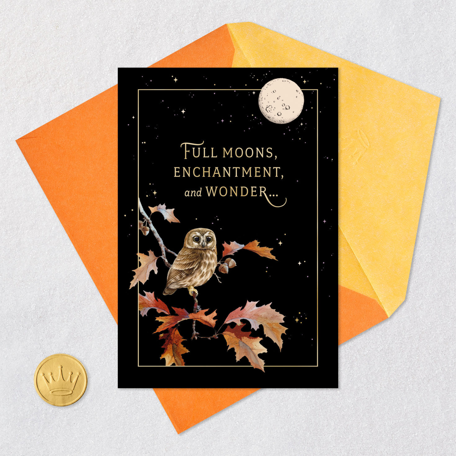 Owl and Full Moon Halloween Card Card Front with Envelope and Gold Seal image number 5