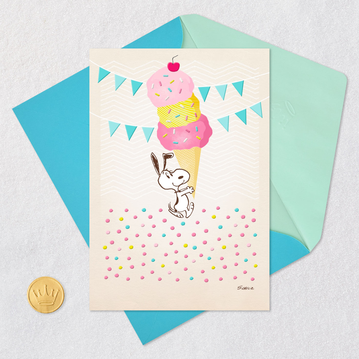 Peanuts Snoopy Ice Cream Cone Birthday Card Card Front with Envelope and Gold Seal image number 5