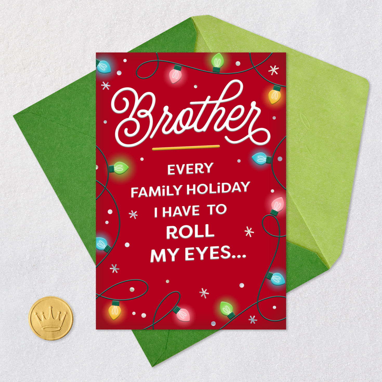 Red Card with String of Lights Brother Christmas Card Card Front with Envelope and Gold Seal image number 5