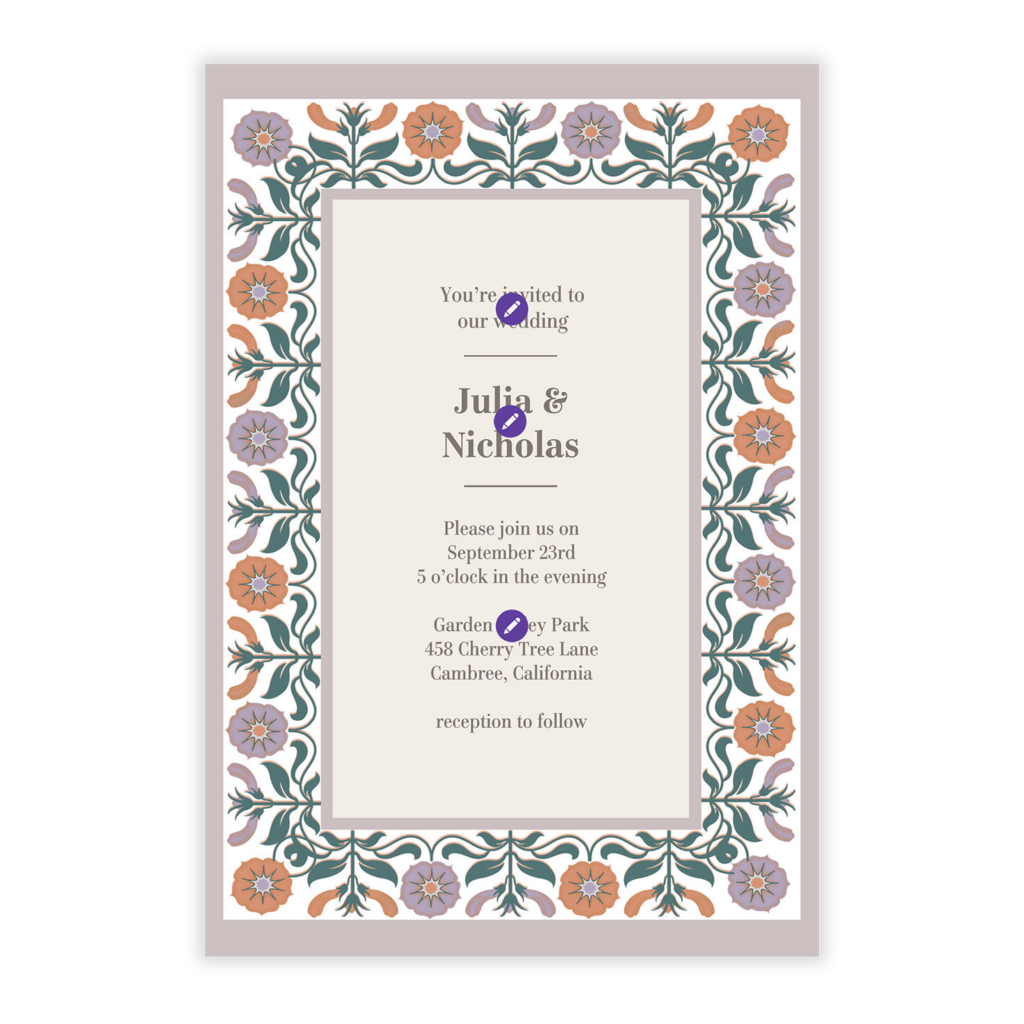 Floral Border Personalized Wedding Invitation Card Front indicating personalization image number 5