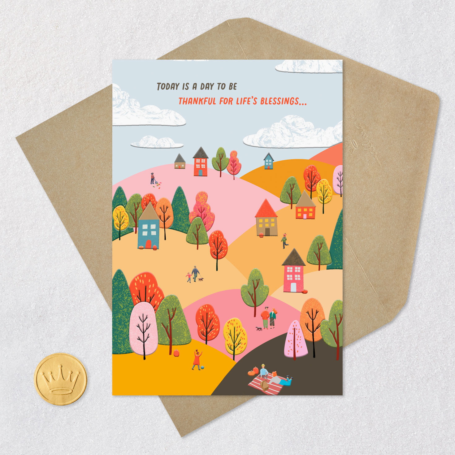 Colorful Folk Art Autumn Village Thanksgiving Card Card Front with Envelope and Gold Seal image number 5