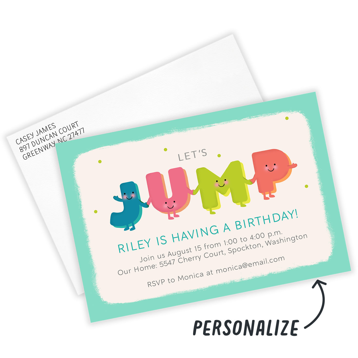 Jump Letters With Faces Personalized Party Invite Card Front indicating personalization image number 2