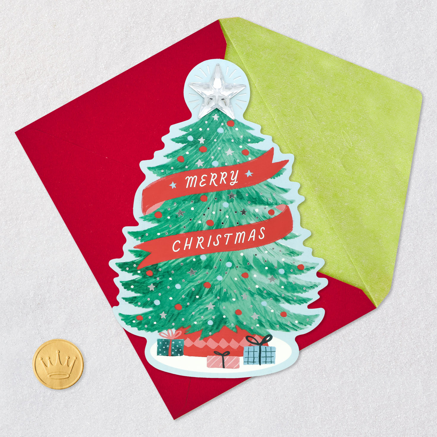 Evergreen Tree-Shaped Christmas Card Card Front with Envelope and Gold Seal image number 5