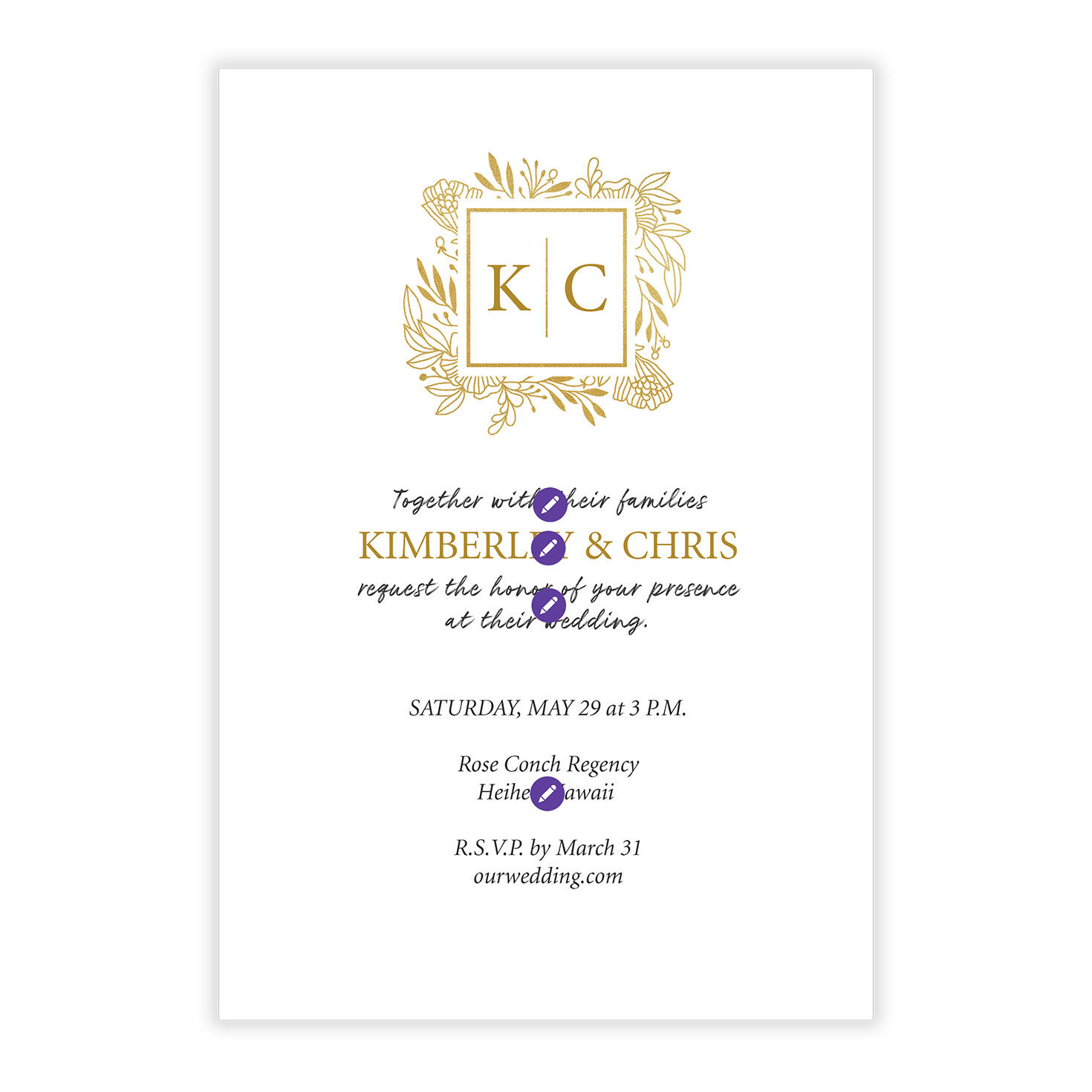 Initials Leaf Border Personalized Wedding Invitation Card Front indicating personalization image number 5