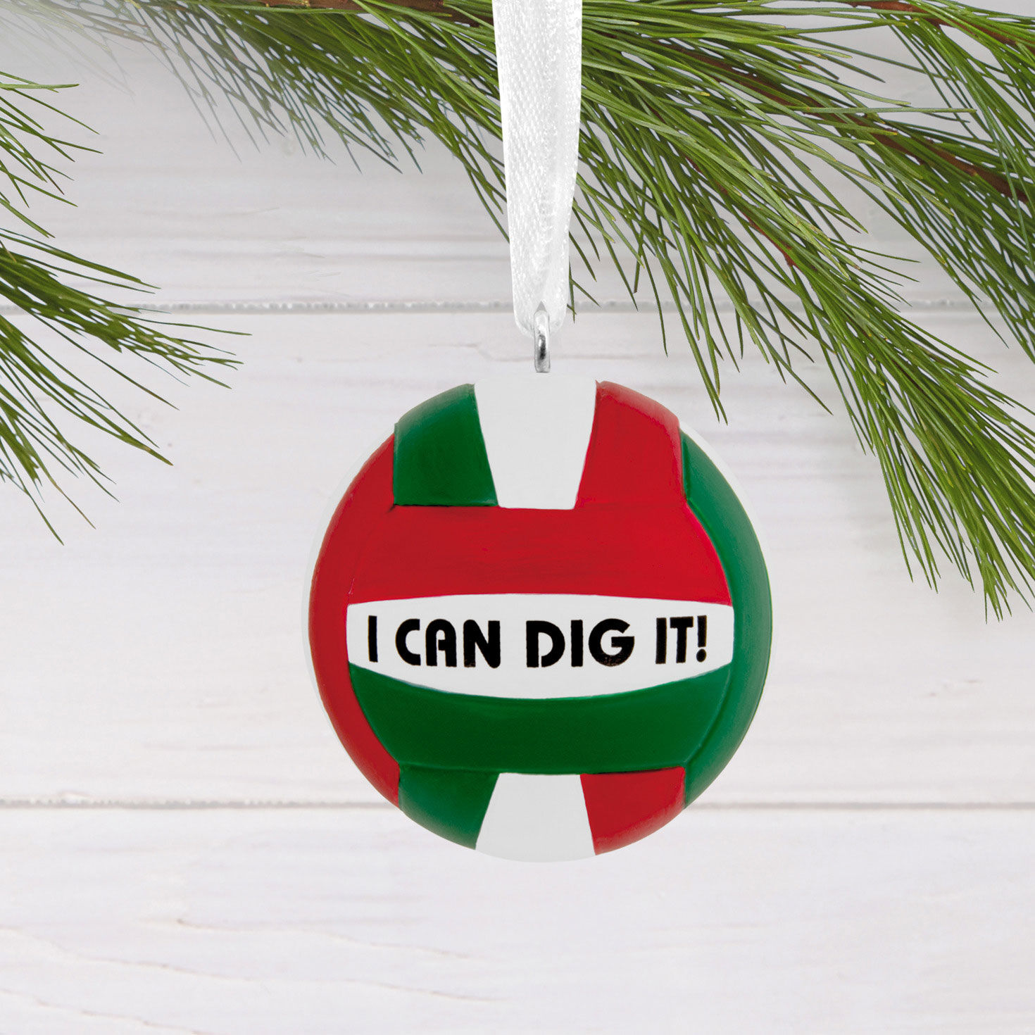 Red Green Volleyball Christmas Ornament hanging on tree image number 2