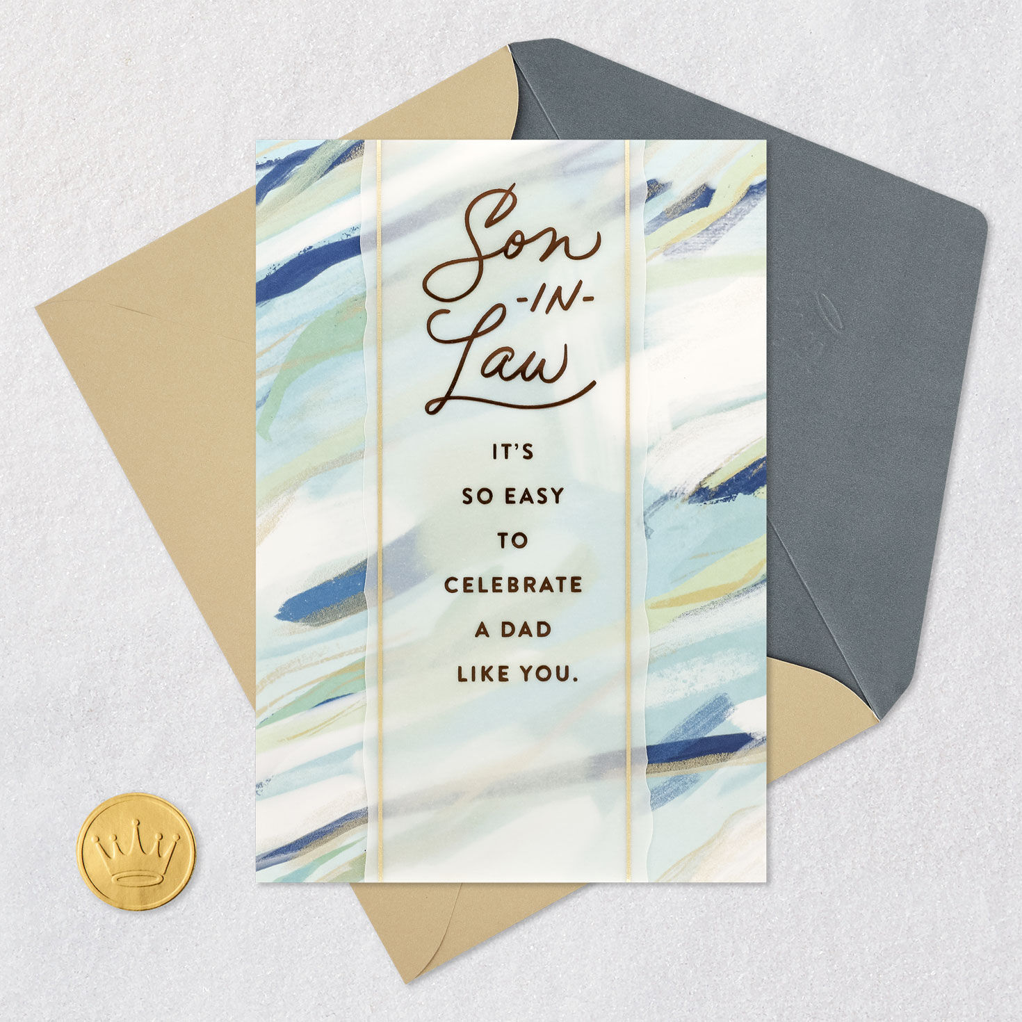 Blue Brushstrokes Son-in-Law Father's Day Card Card Front with Envelope and Gold Seal image number 6