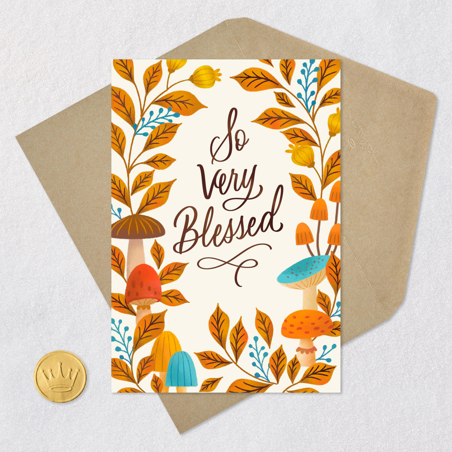Foliage and Mushrooms Thanksgiving Card Card Front with Envelope and Gold Seal image number 5
