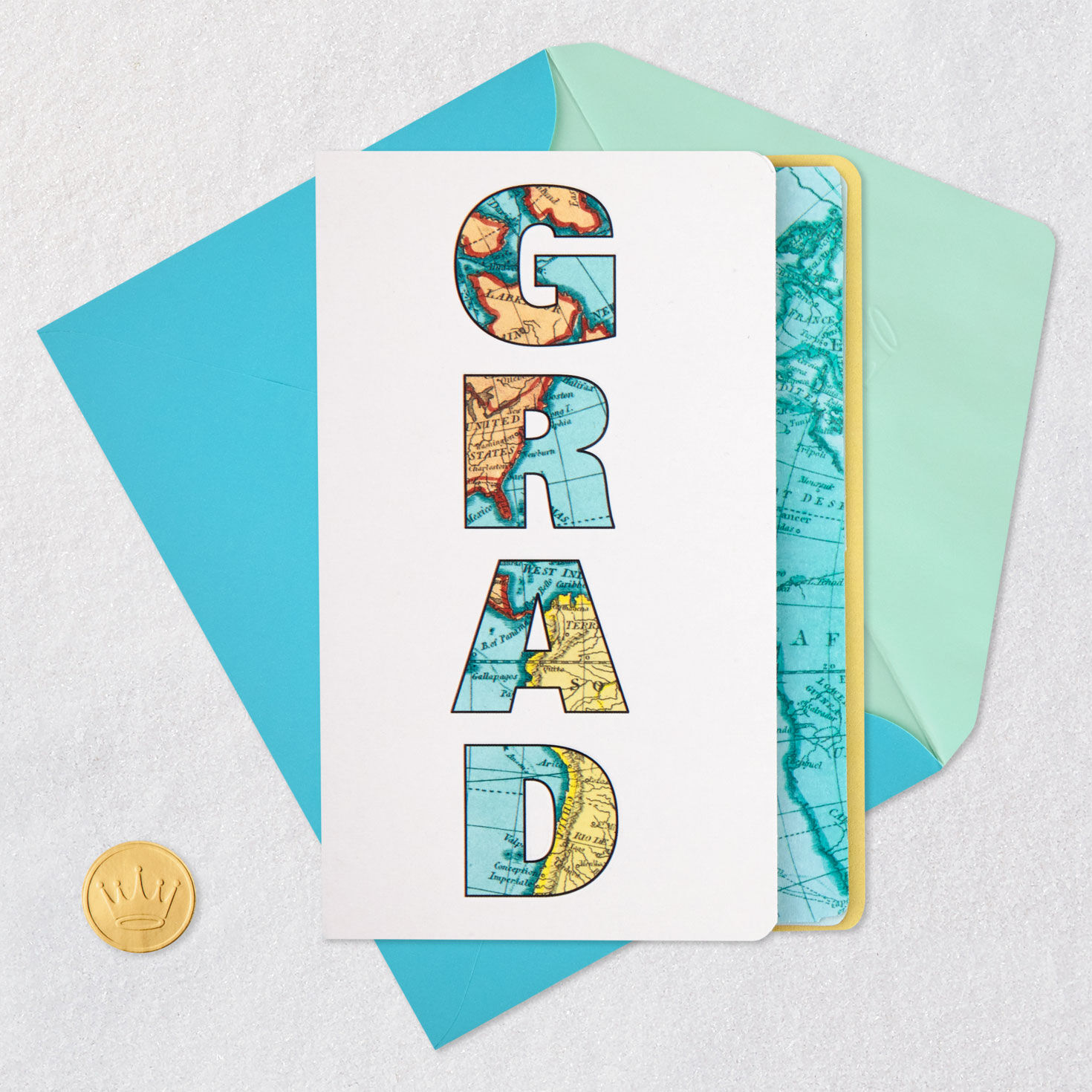 World Map Grad Lettering High School Graduation Card Card Front with Envelope and Gold Seal image number 6