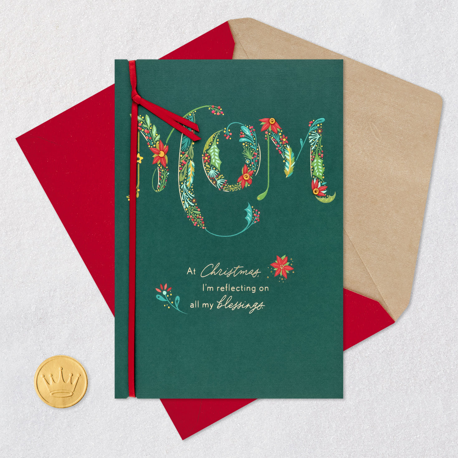 Botanical Floral Green Mom Christmas Card Card Front with Envelope and Gold Seal image number 7