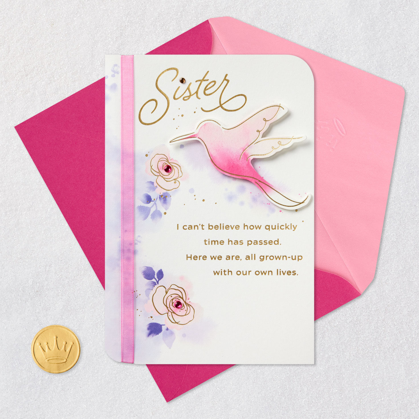 Hummingbird and Flowers Sister Mother's Day Card Card Front with Envelope and Gold Seal image number 5