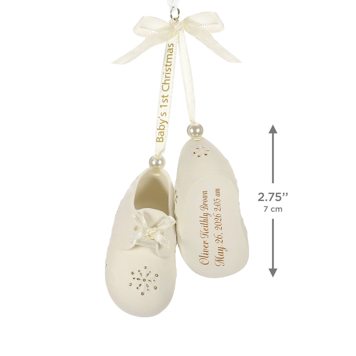 Baby&rsquo;s First Christmas Booties Porcelain Personalized Ornament, Custom Text measurement image number 3