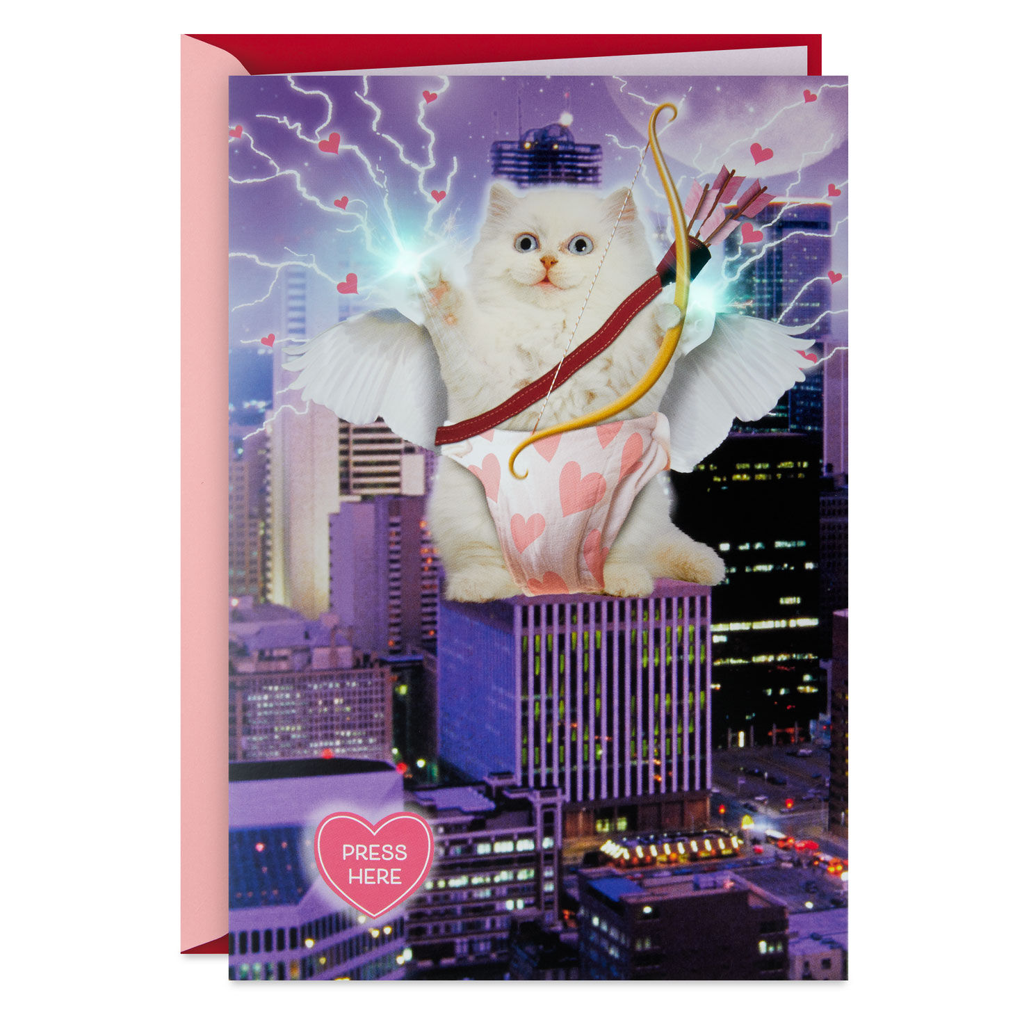 Giant Cupid Cat Funny Musical Valentine's Day Card With Light