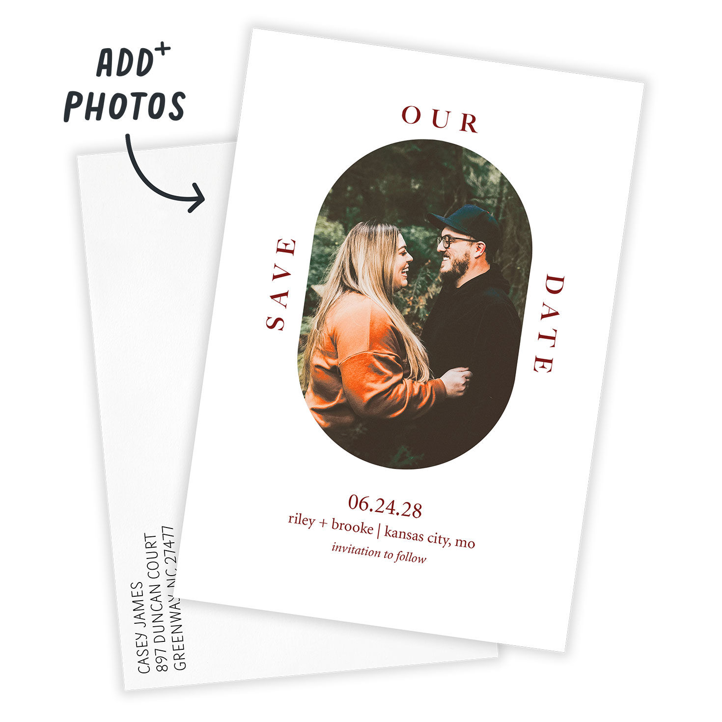Oval Photo Red Text Personalized Save the Date Card Card front with Envelope indicating personalization image number 2
