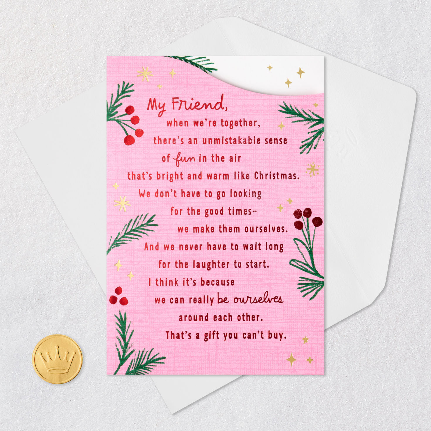 Pine Branches on Pink Friend Christmas Card Card Front with Envelope and Gold Seal image number 7
