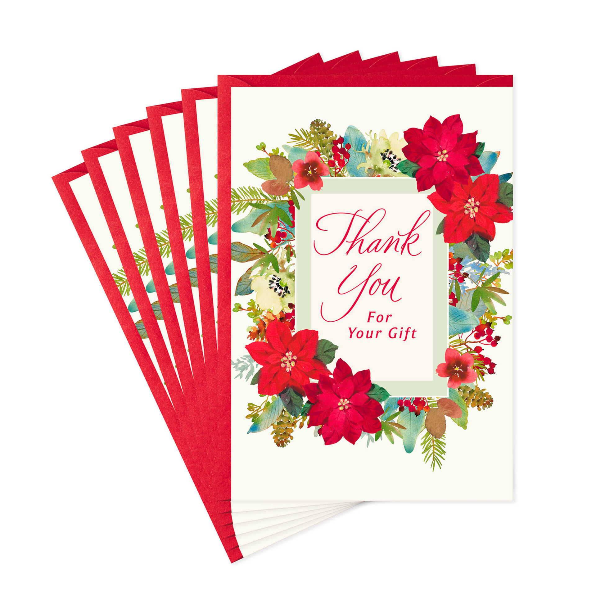 Poinsettia and Pinecones Christmas Thank You Cards, Pack of 6 Boxed