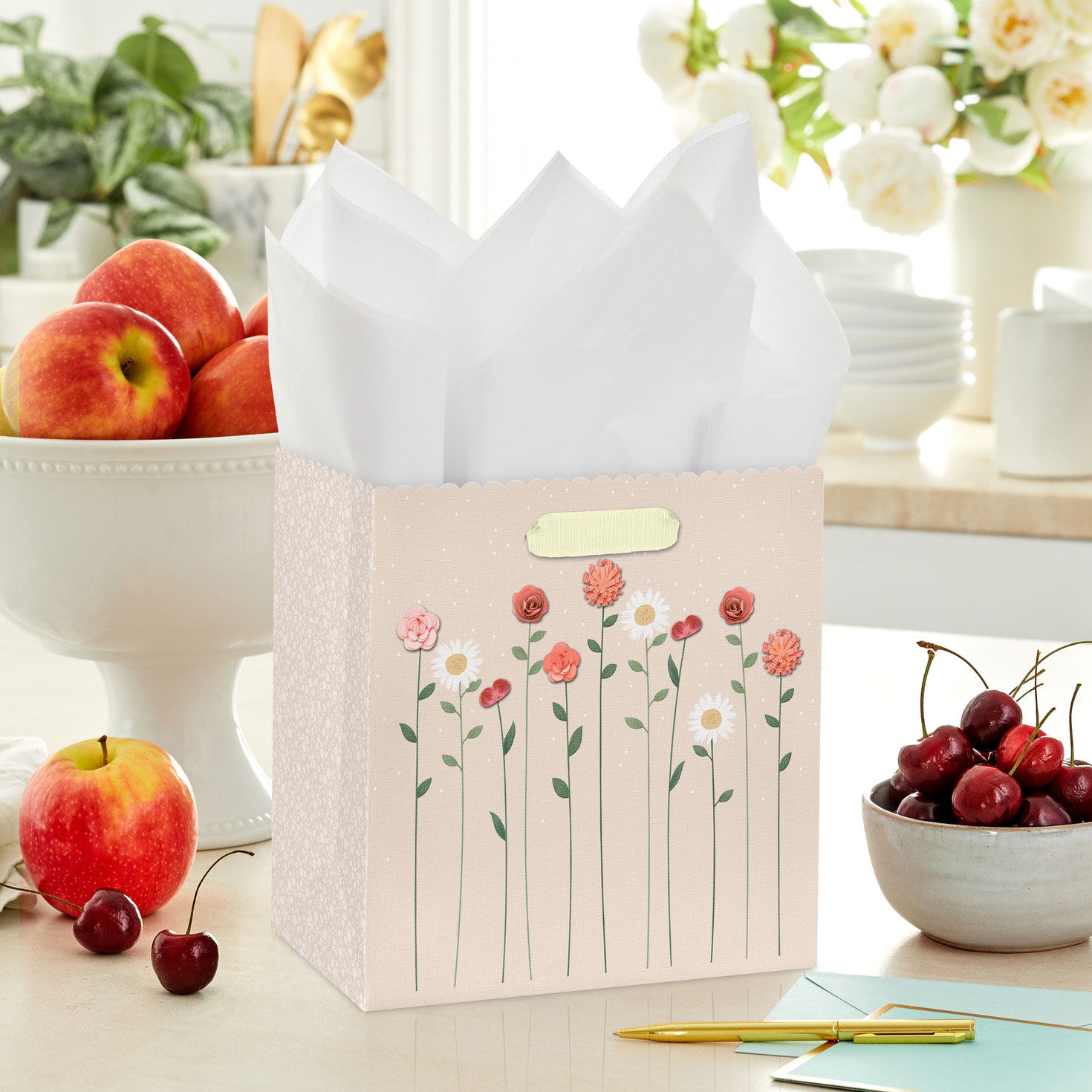 Dimensional Paper Flowers on Beige Medium Gift Bag in use image number 2