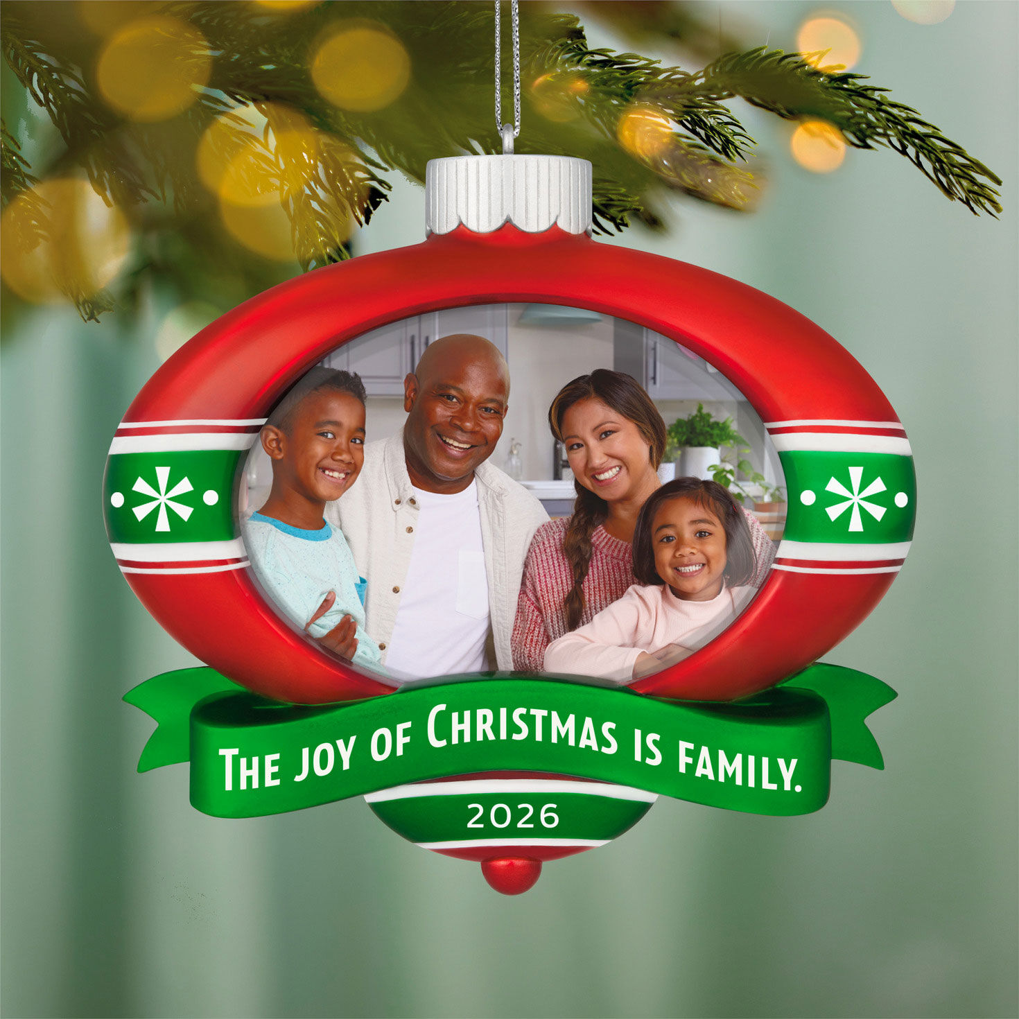 Red Green Ornament Personalized Photo Ornament hanging on tree image number 2