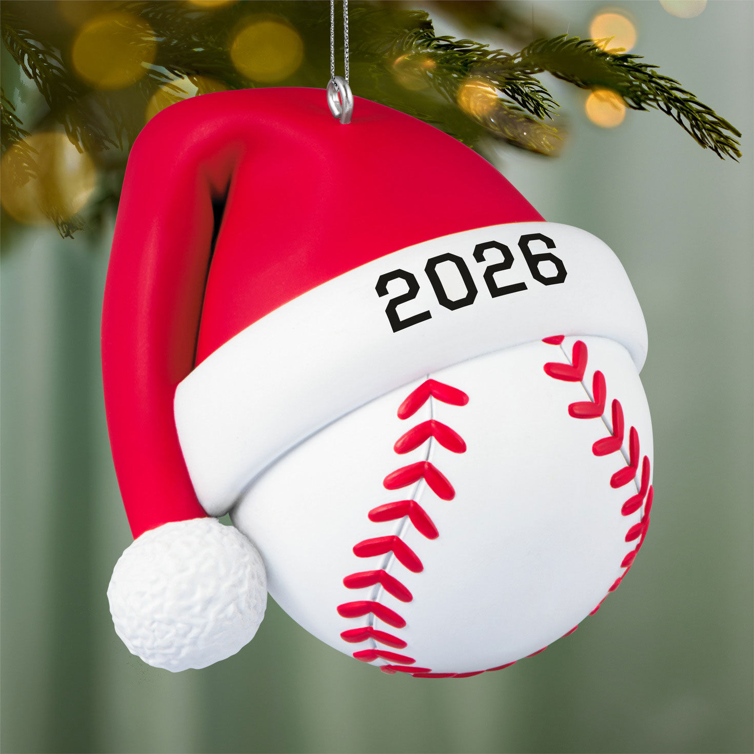 Baseball With Santa Hat 2026 Keepsake Ornament hanging on tree image number 2