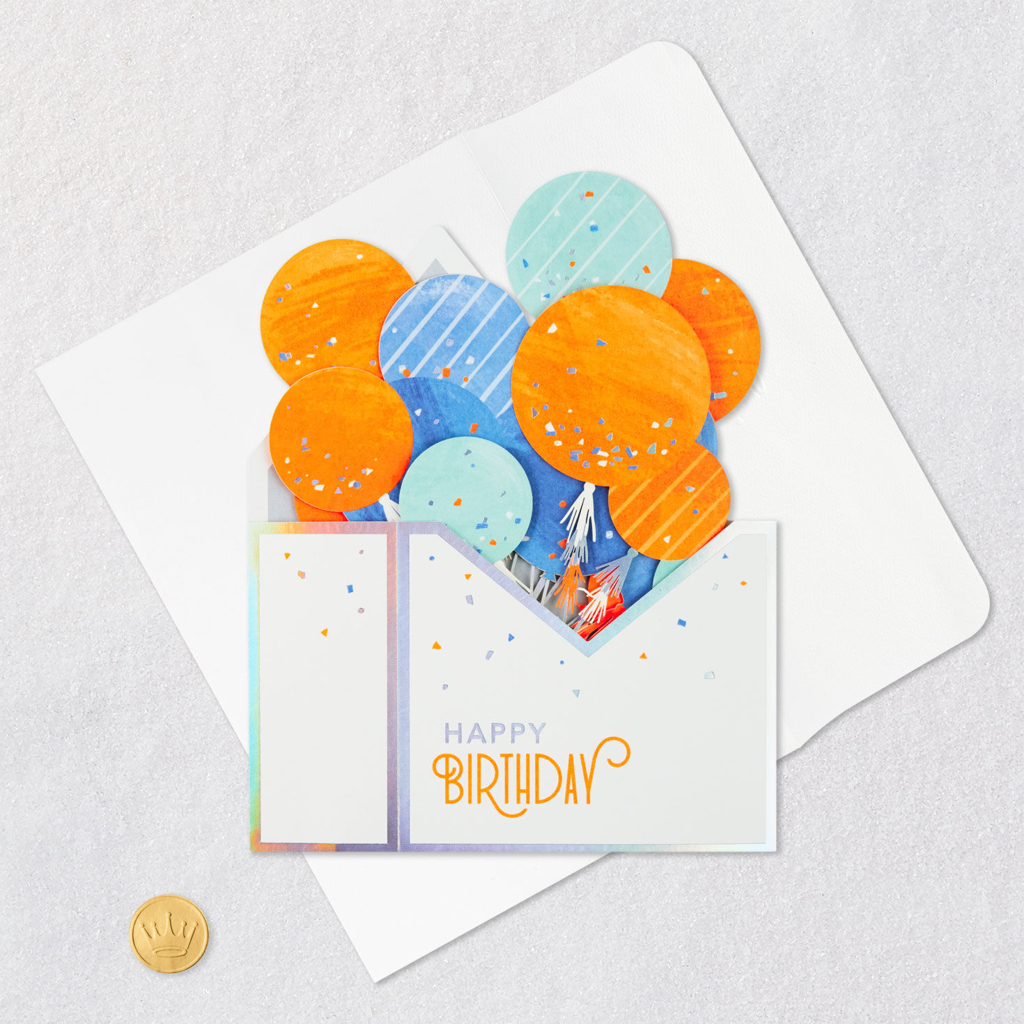 Orange and Blue Balloons Pop-Up Birthday Card Card Front with Envelope and Gold Seal image number 5