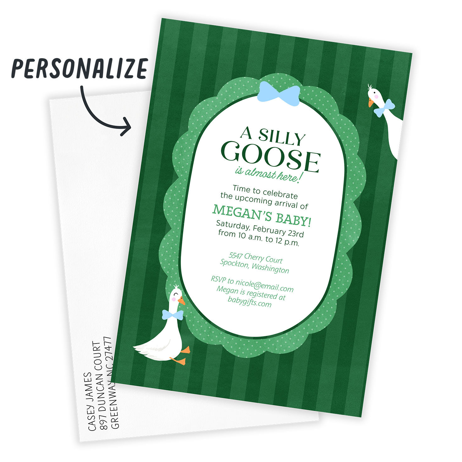 Green Stripes Goose Personalized Baby Shower Invite Card front with Envelope indicating personalization image number 2