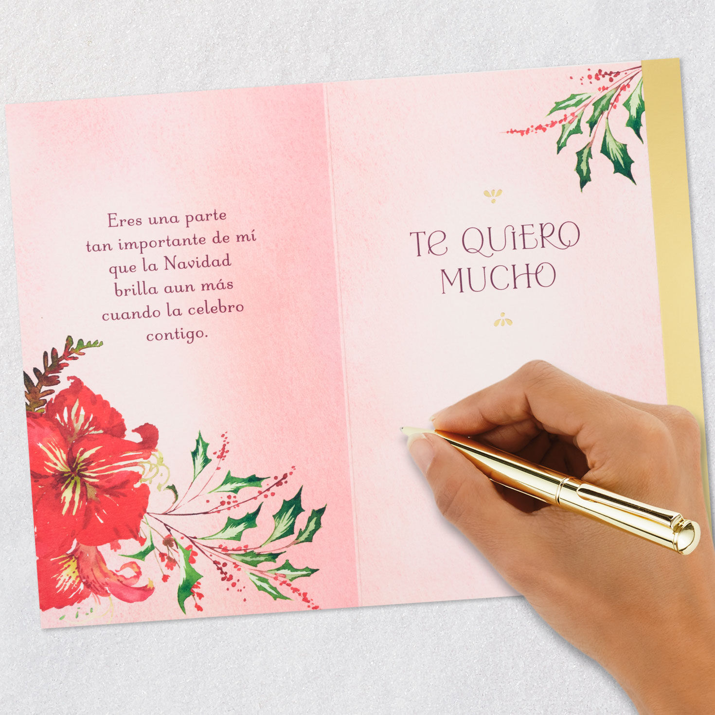 Red Floral Christmas Card in Spanish for Mom signing card image number 8