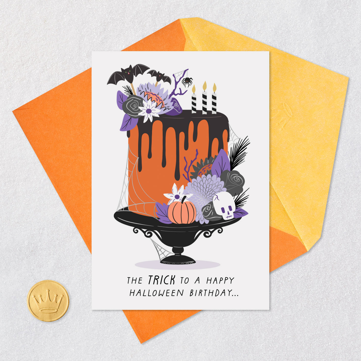 Orange and Black Cake Halloween Birthday Card Card Front with Envelope and Gold Seal image number 5