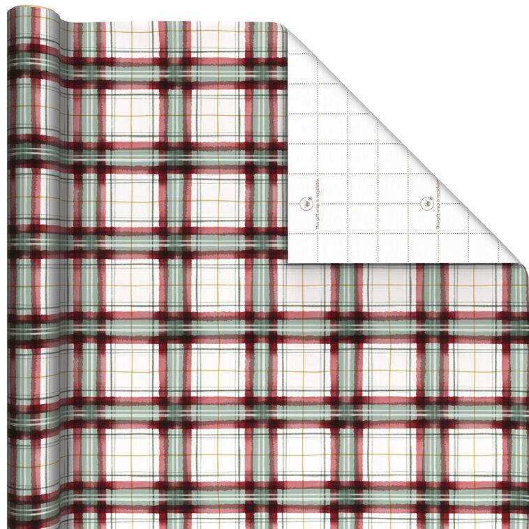 Farmhouse Plaid on White Christmas Wrapping Paper Roll, 22.5 sq. ft.