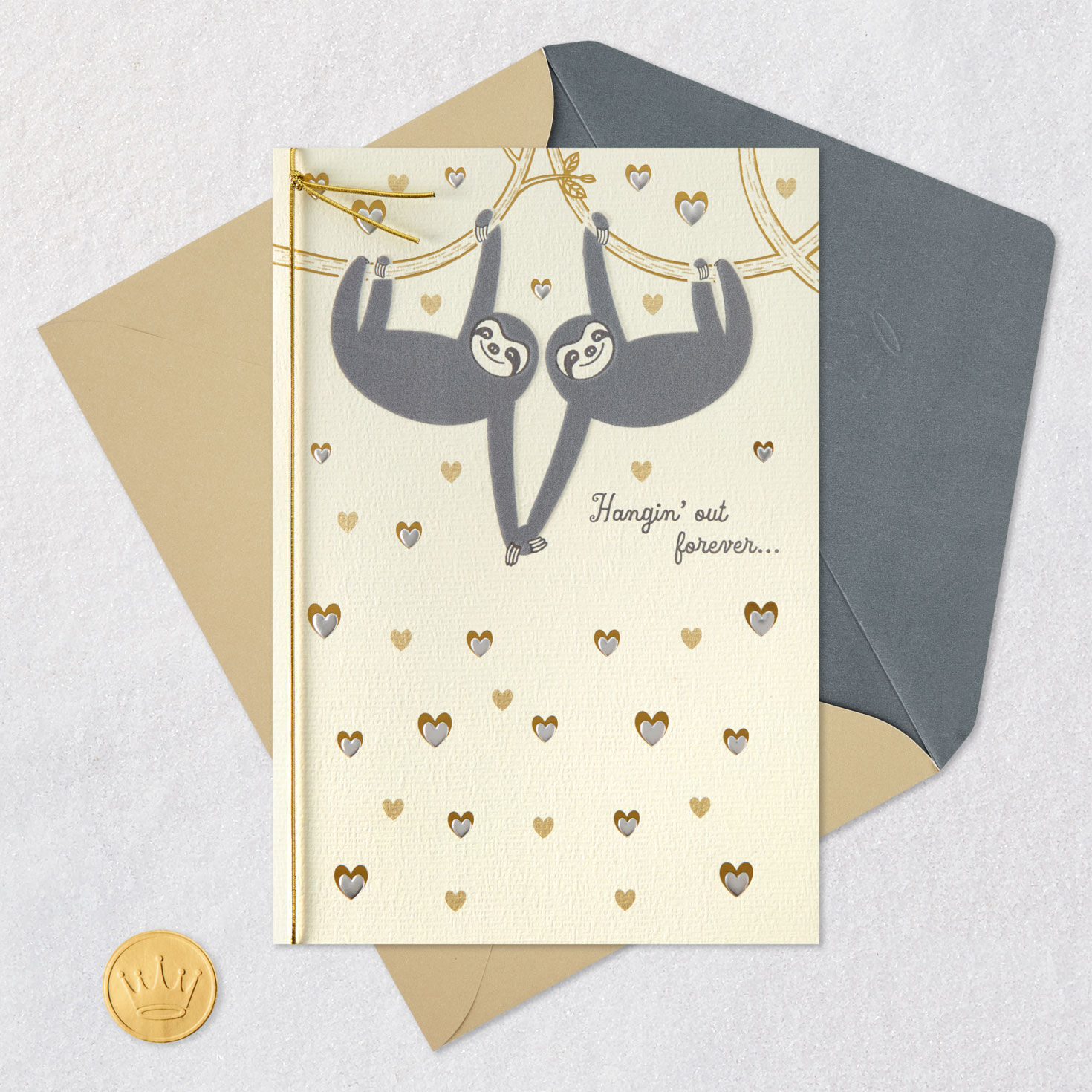 Two Gray Sloths Hanging from Branch Anniversary Card  image number 5