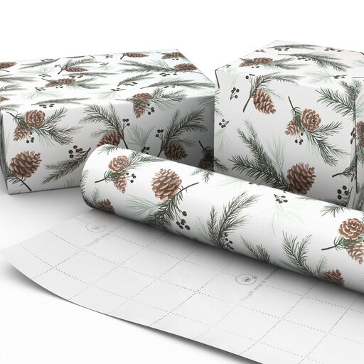 Pinecones on White Christmas Wrapping Paper, 35 sq. ft., 