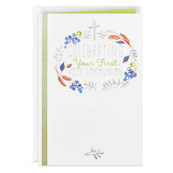 Wreath and Cross Religious First Communion Card, , large image number 1