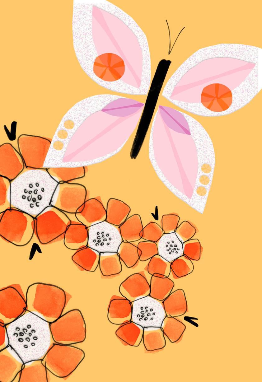 Pink Butterfly and Orange Flowers Blank Card