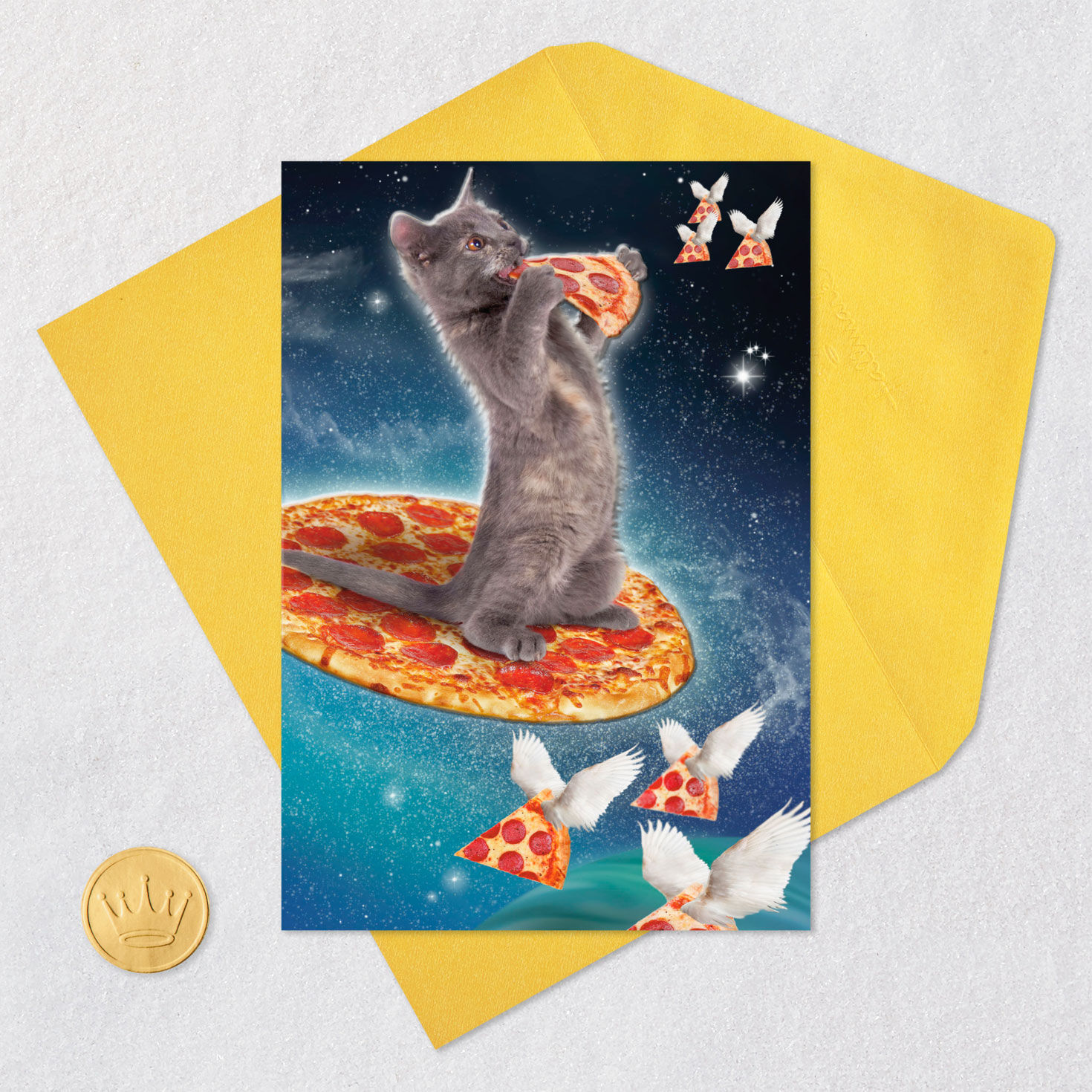 Cat in Space With Pizza Funny Birthday Card Card Front with Envelope and Gold Seal image number 5